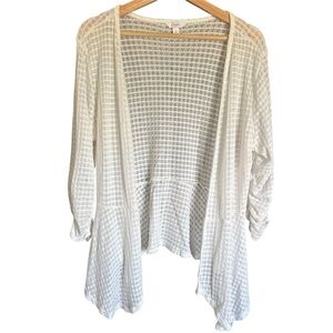 🤍🤍 CANDIE’S Women's White Open-Front Peplum Sweater with Ruched 3/4 Sleeves